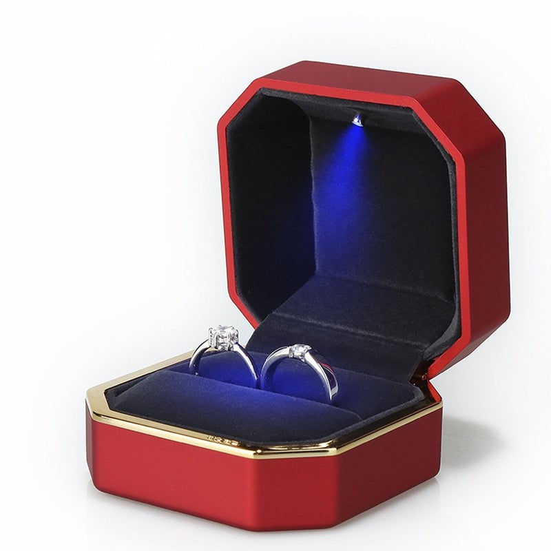 AVESON Luxury Ring Box, Square Velvet Wedding Ring Case Jewelry Gift Box with LED Light for Proposal Engagement Wedding, Red - Image 5